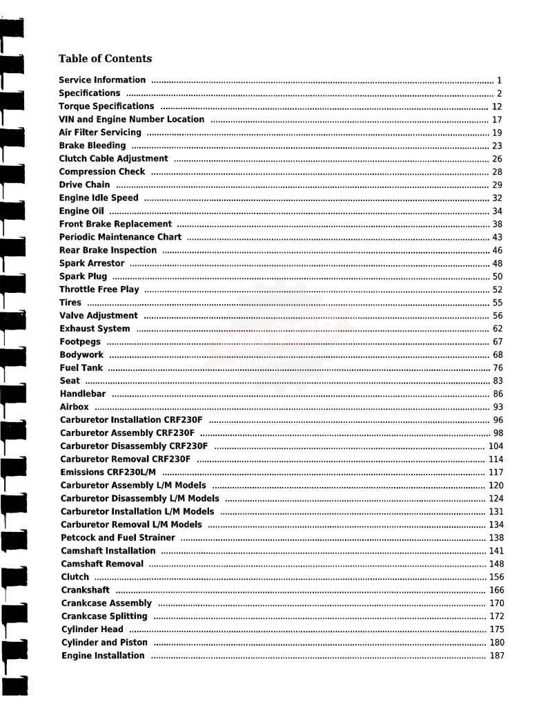 Honda CRF230 Motorcycle Service Manual: 2003-2019 - Table of Contents 1