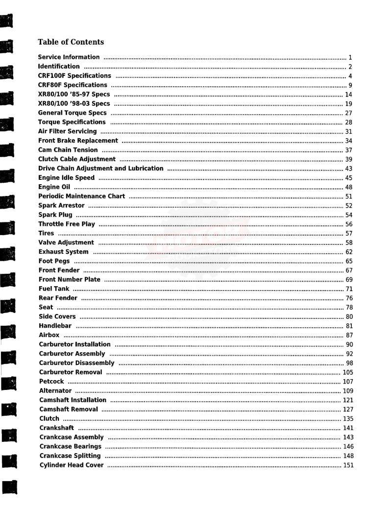 Honda CRF80F / CRF100F / XR80R / XR100R Service Manual: 1985-2013 - Table of Contents 1