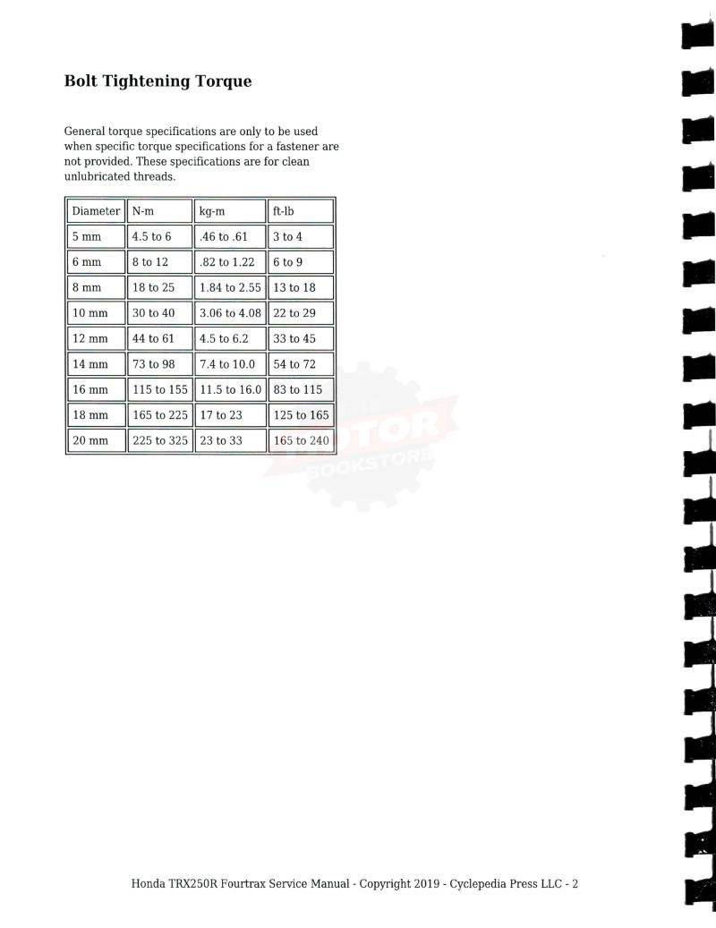 Honda TRX250R Fourtrax Service Manual: 1986-1989 - Table of Contents 2