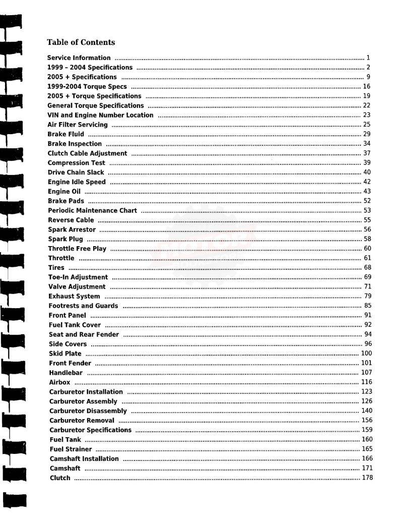 Honda TRX400EX Sportrax / Fourtrax ATV Service Manual: 1999-2009 - Table of Contents 1