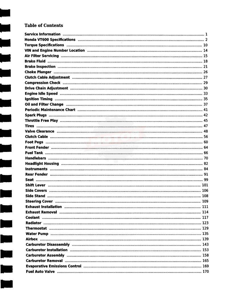 Honda VT600 Shadow Service Manual: 1999-2007 - Table of Contents 1