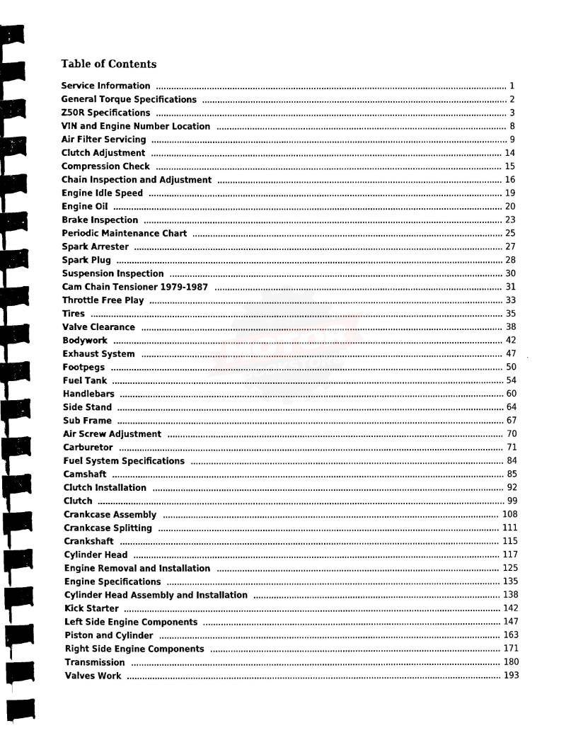 Honda Z50R Service Manual: 1979-1999 - Table of Contents 1