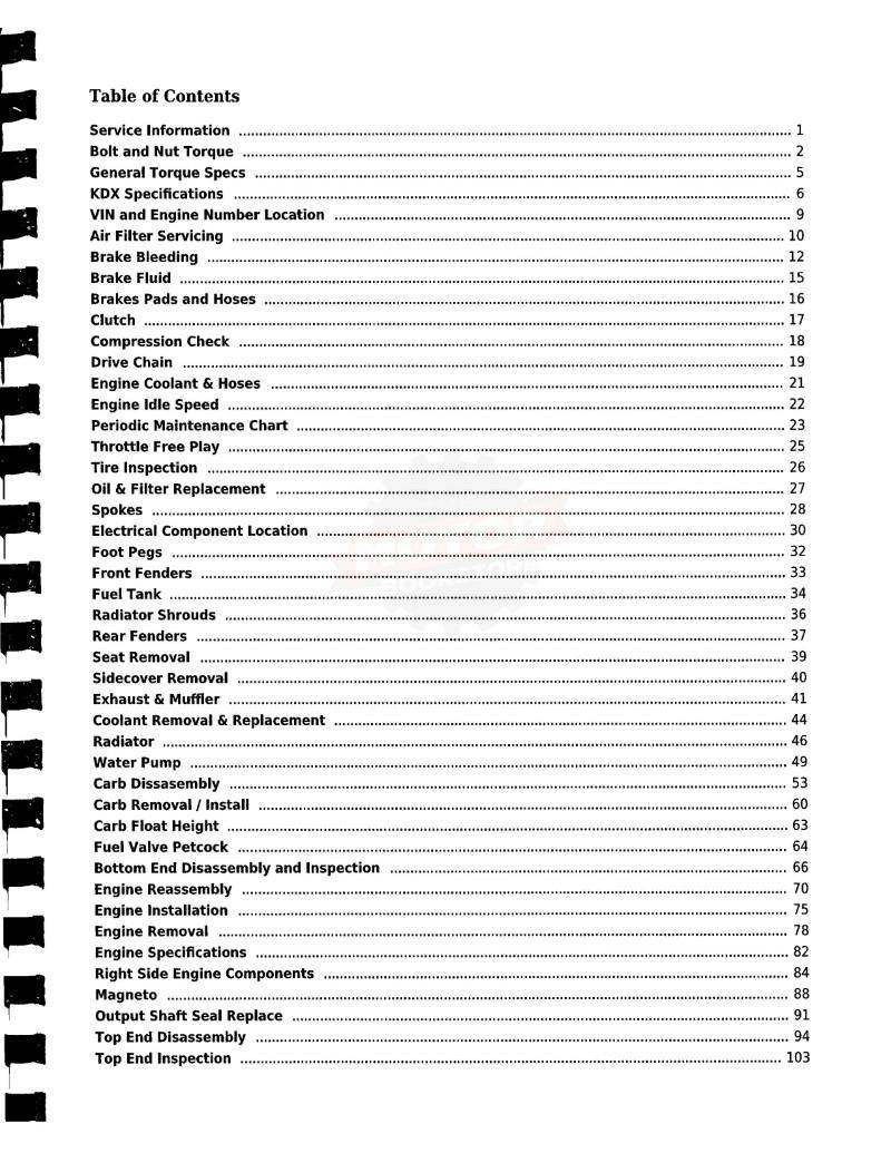 Kawasaki KDX200E Service Manual: 1989-1994 - Table of Contents 1