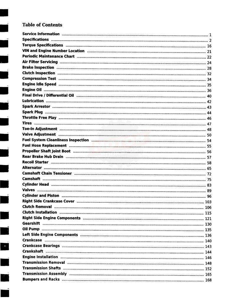 Kawasaki KLF220 / KLF250 Bayou ATV Service Manual: 1988-2011 - Table of Contents 1