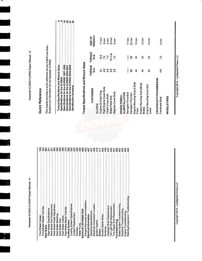 Kawasaki KLR600 / KLR650 Service Manual: 1984 - 2007  - Table of Contents 2