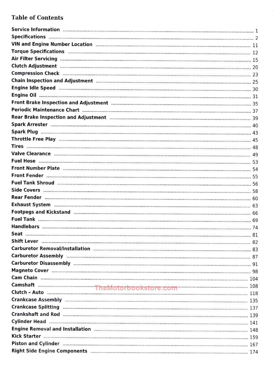 2010-2019 Kawasaki KLX110 / KLX110L Service Manual - Table of Contents Page 1