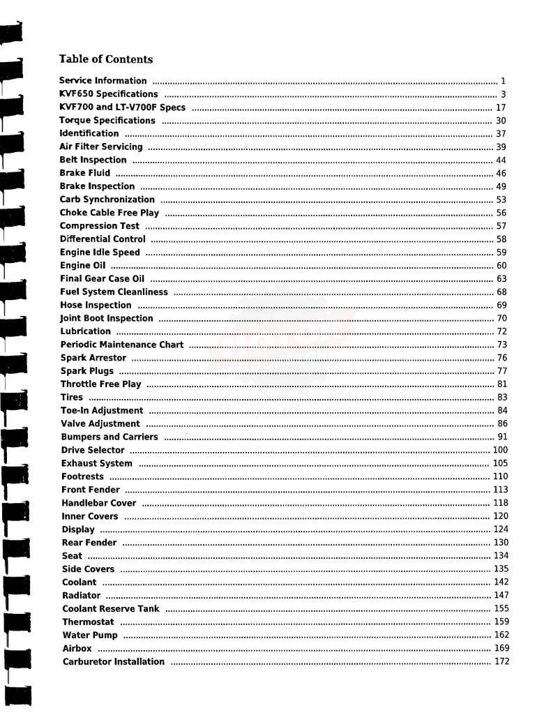 Kawasaki KVF650 / KVF700  & Suzuki LT-V700F Service Manual: 2002-2011 - Table of Contents 1