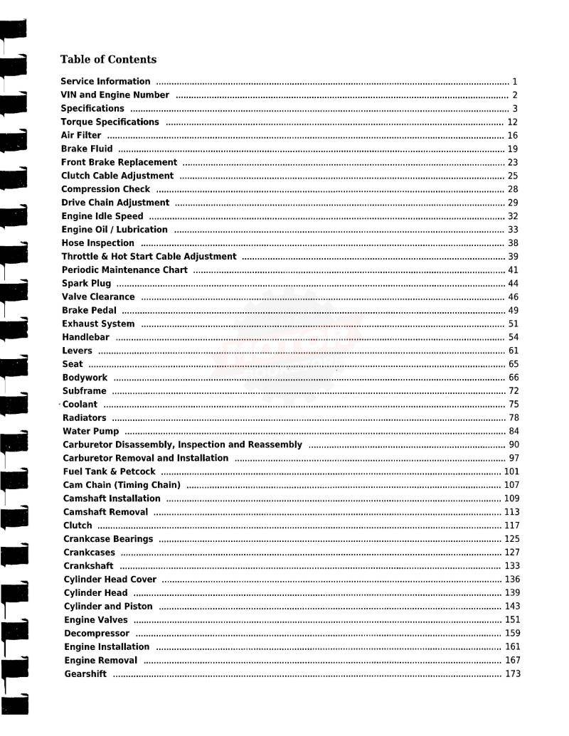 Kawasaki KX250F Service Manual: 2006-2010 - Table of Contents 1