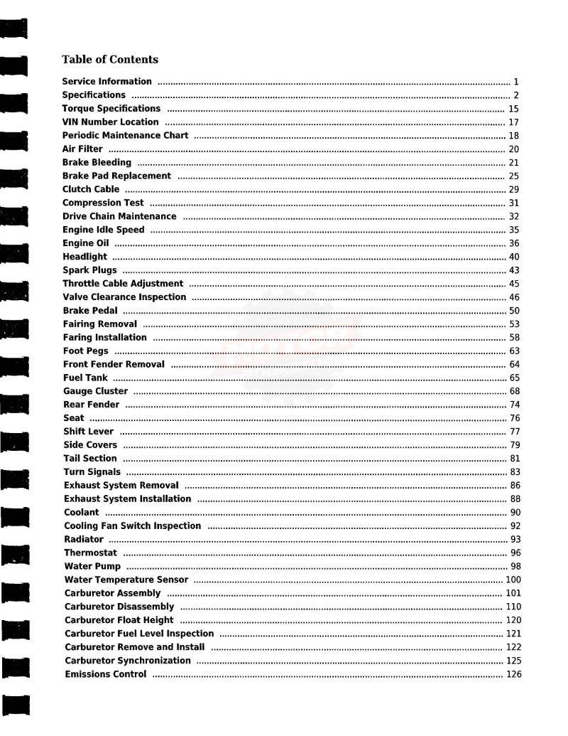 Kawasaki Ninja EX250 Service Manual: 1986-2007 - Table of Contents 1