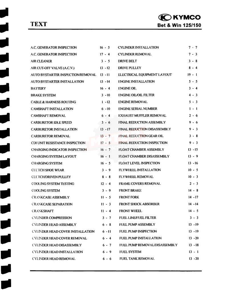 KYMCO Bet & Win 125 and 150 Service Manual 2002-2008 - Table of Contents 1