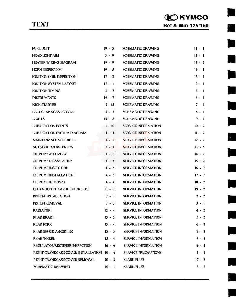 KYMCO Bet & Win 125 and 150 Service Manual 2002-2008 - Table of Contents 2