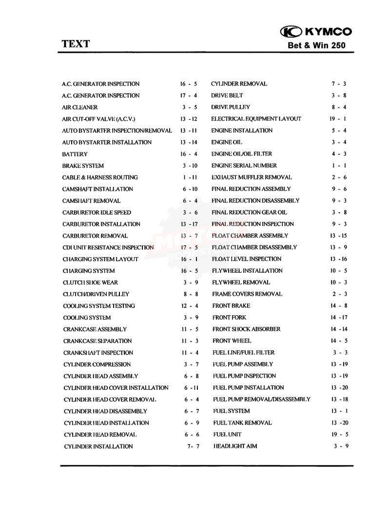 KYMCO Bet & Win 250 Service Manual 2002-2007 - Table of Contents 1