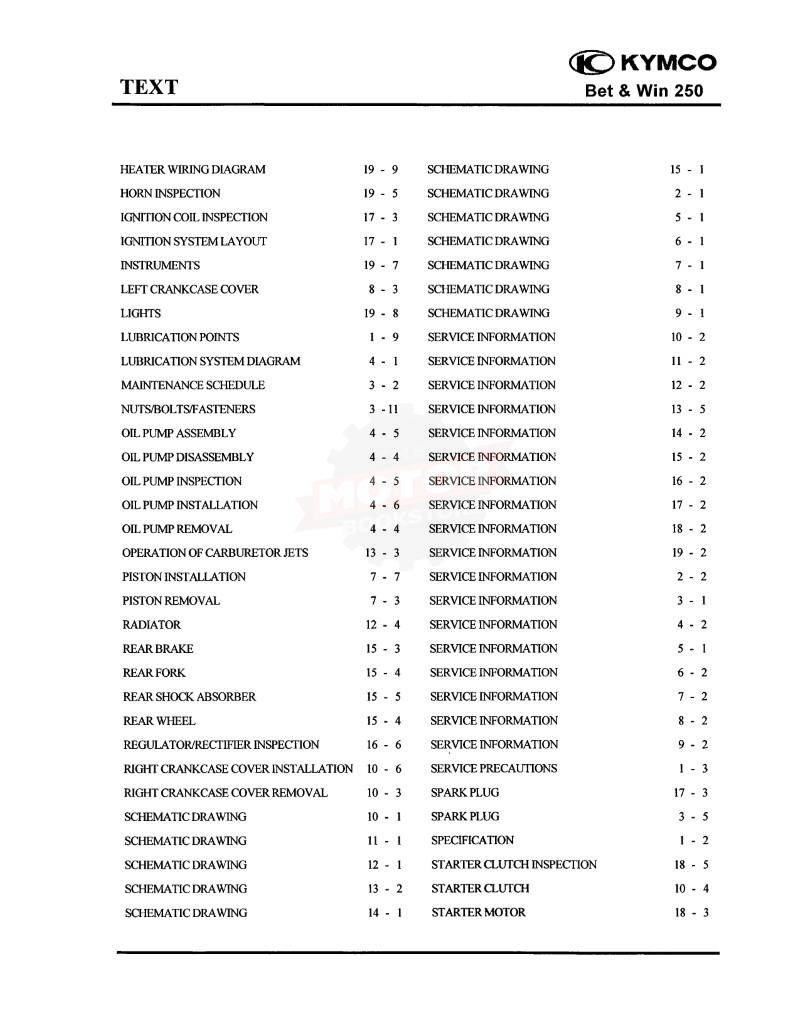 KYMCO Bet & Win 250 Service Manual 2002-2007 - Table of Contents 2