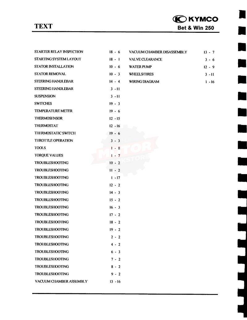 KYMCO Bet & Win 250 Service Manual 2002-2007 - Table of Contents 3