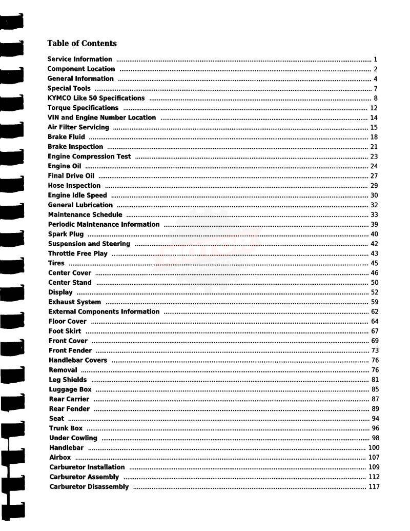 KYMCO Like 50 Service Manual 2010-2014 - Table of Contents 1