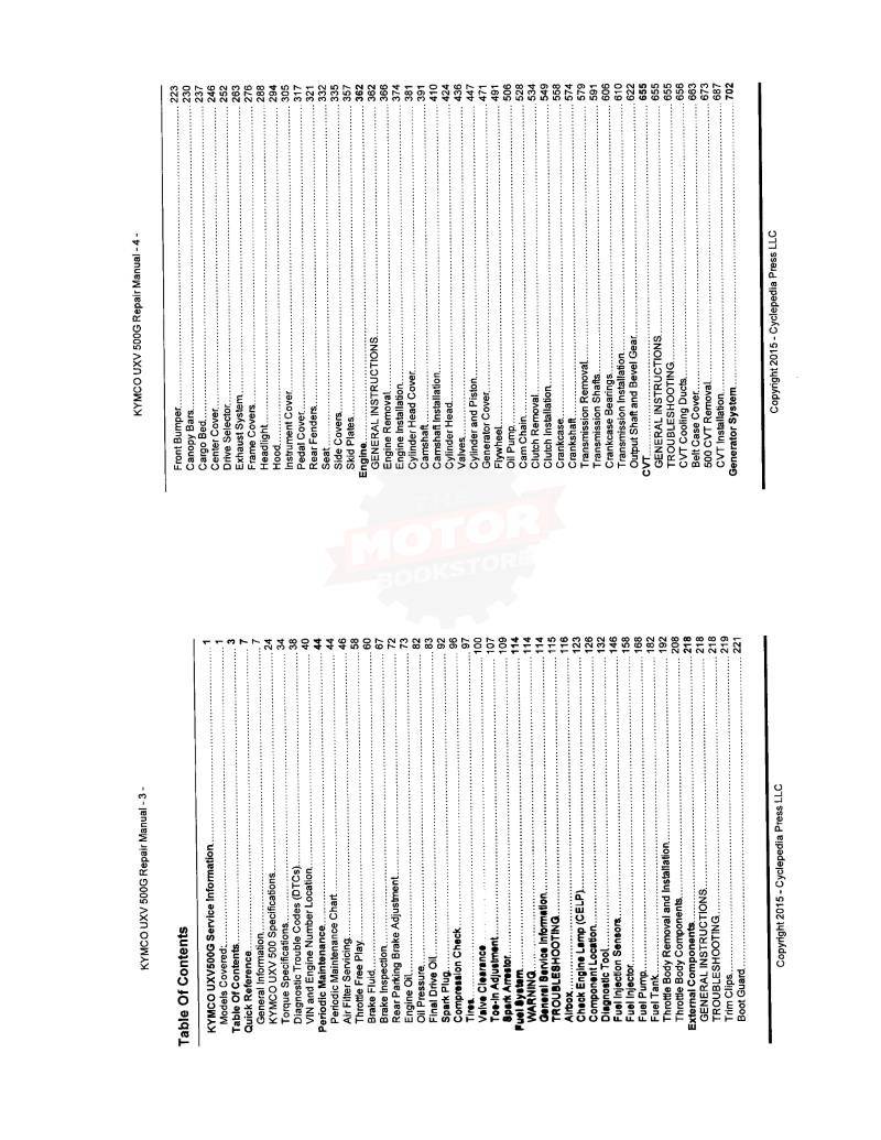 KYMCO UXV 500iG 4X4 Side X Side Service Manual 2015-2016 - Table of Contents 1