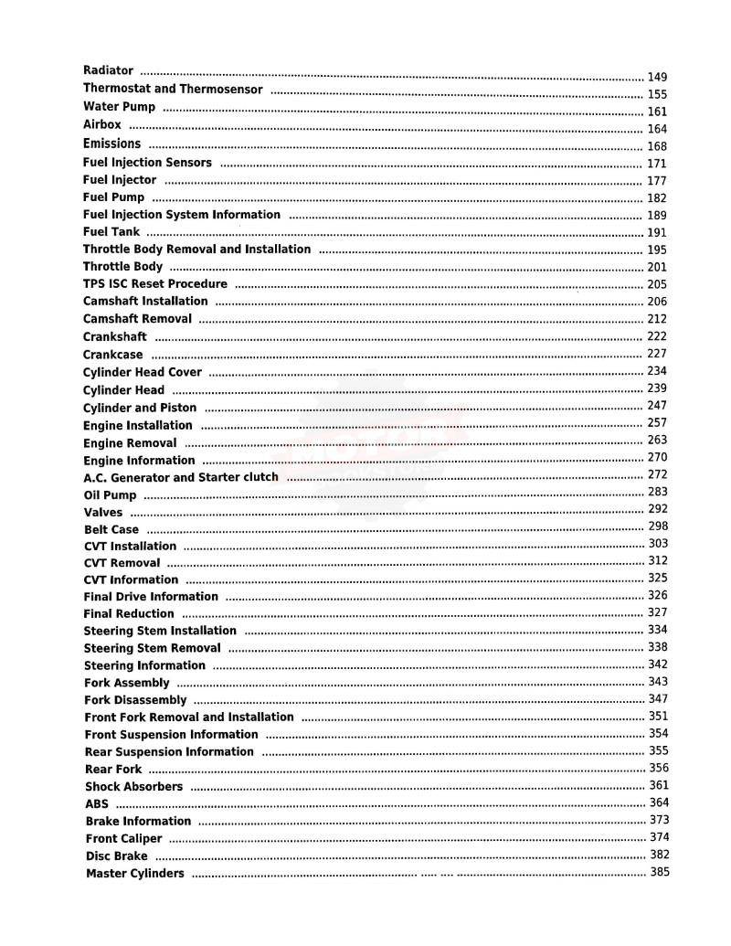 KYMCO Xciting 500Ri / ABS Scooter Service Manual 2009-2012 - Table of Contents 2