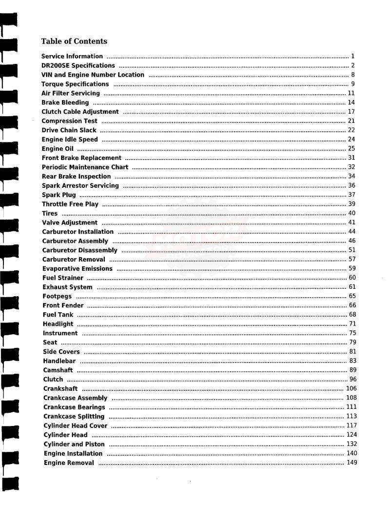 Suzuki DR200 SE Motorcycle Service Manual: 1996-2013 - Table of Contents 1