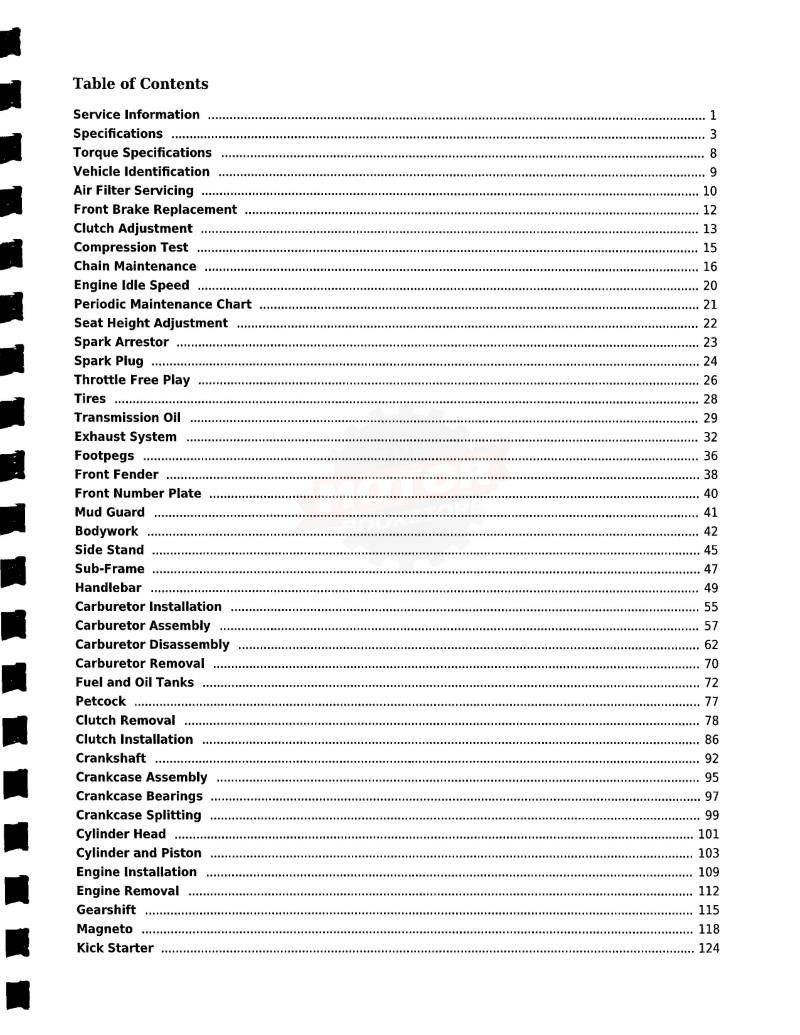 Suzuki JR50 / Kawasaki KDX50 Service Manual: 1997-2006 - Table of Contents 1