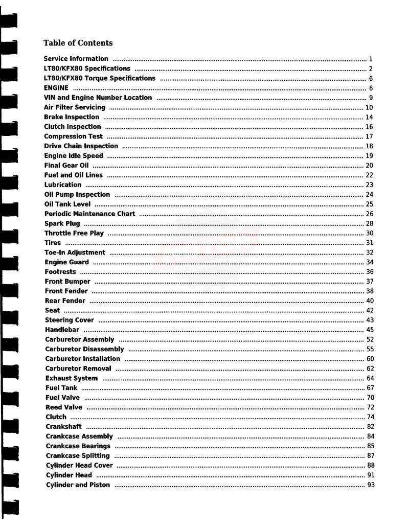 Suzuki LT80 Quad Runner / Quadsport, Kawasaki KFX80 Service Manual: 1987-2006 - Table of Contents 1 Suzuki LT80 Quad Runner / Quadsport, Kawasaki KFX80 Service Manual: 1987-2006 - Table of Contents 1