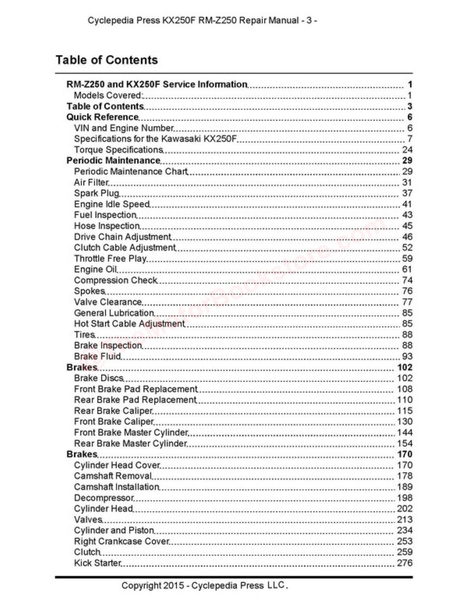 Suzuki RM-Z250  (04-06) / Kawasaki KX250F (04-05) Service Manual - Table of Contents Page 1