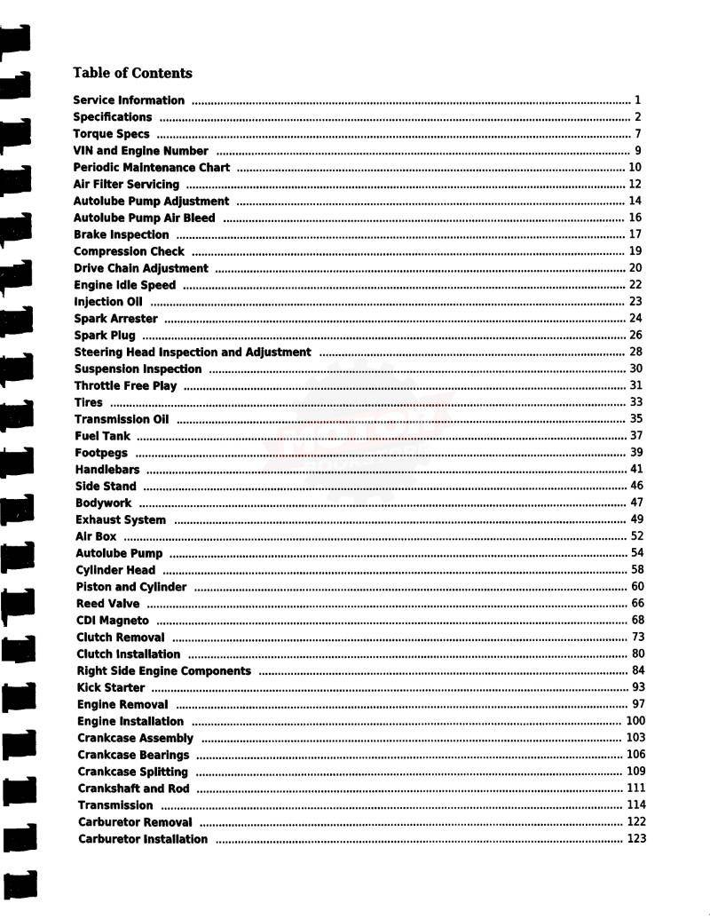 Yamaha PW80 / BW80 Motorcycle Service Manual: 1983-2006 - Table of Contents 1