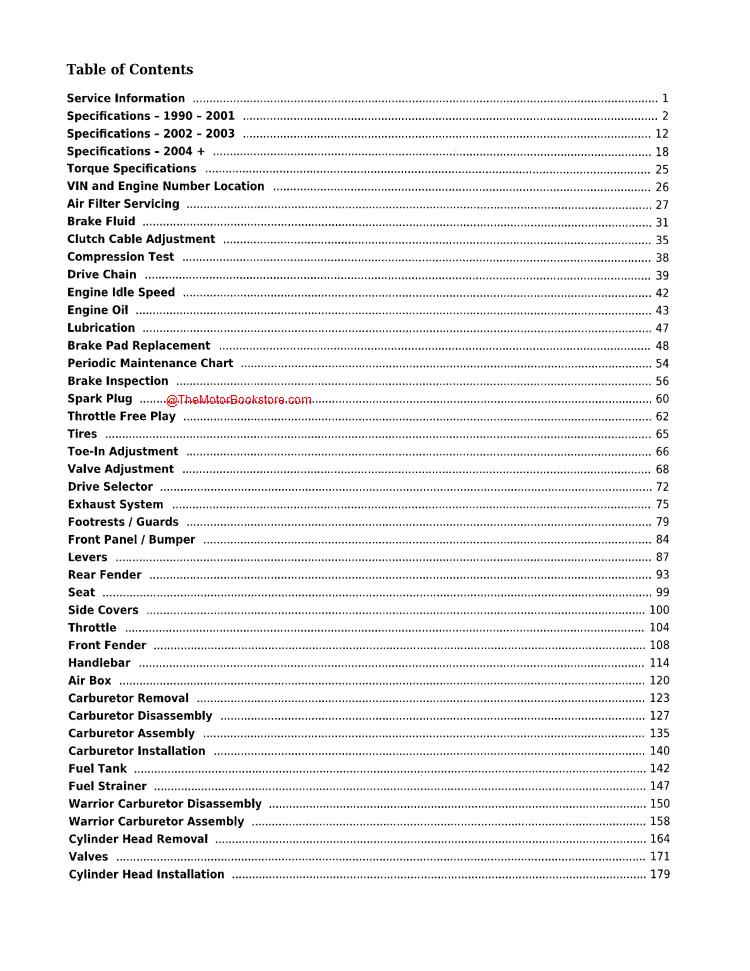 Yamaha Raptor / Warrior YFM350 Service Manual: 1987-2013 - Table of Contents 1