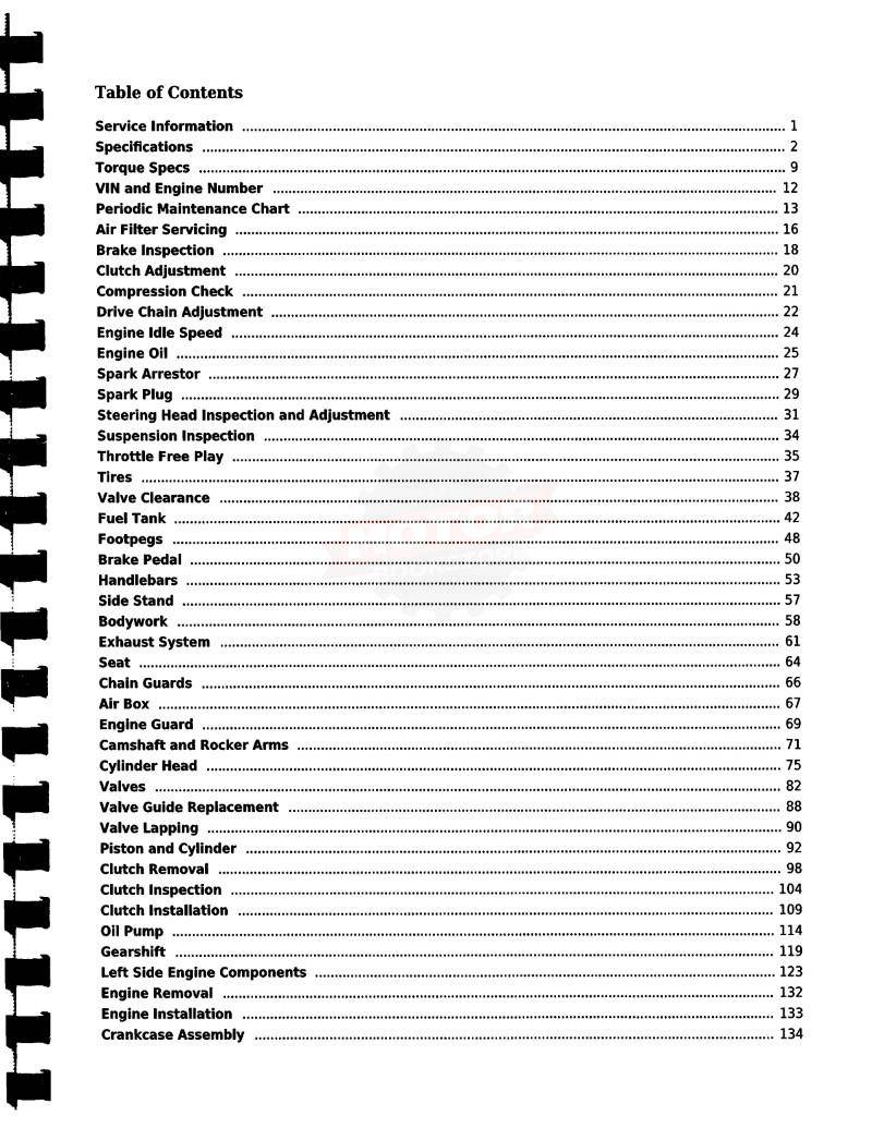Yamaha TT-R50 Motorcycle Service Manual 2006+ - Table of Contents 1