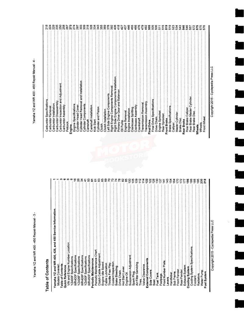 Yamaha YZ / WR 400, 426, 450F Service Manual: 1998-2005 - Table of Contents 1