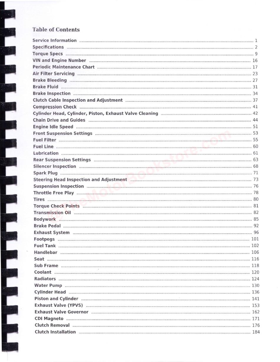 Yamaha YZ125 2-Stroke Service Manual: 2005 - 2020 - Table of Contents Page 1