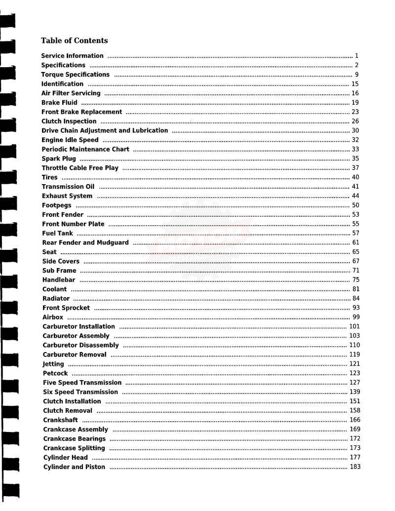 Yamaha YZ125 Service Manual: 1998-2004 - Table of Contents 1