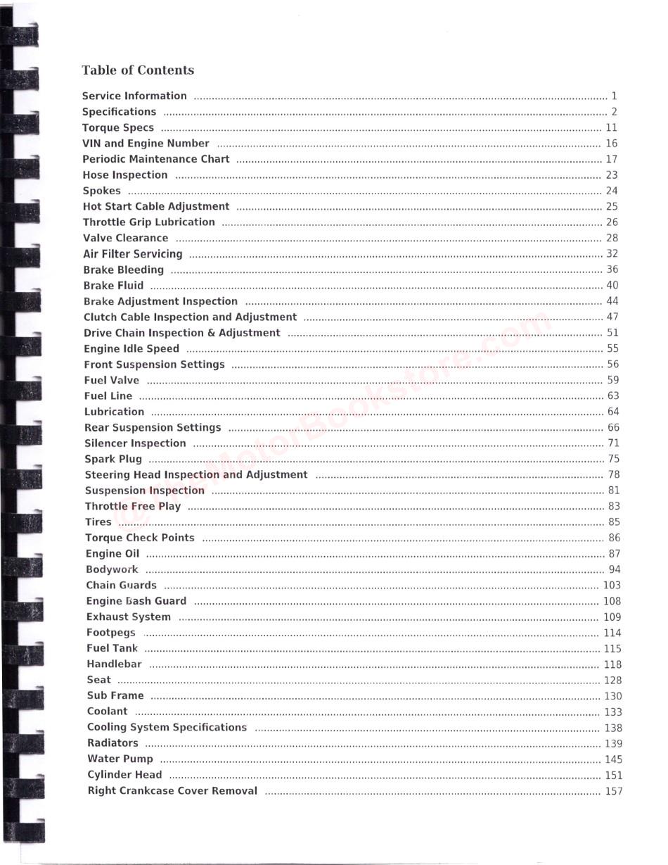 Yamaha YZ250F Service Manual: 2010-2013 - Table of Contents Page 1