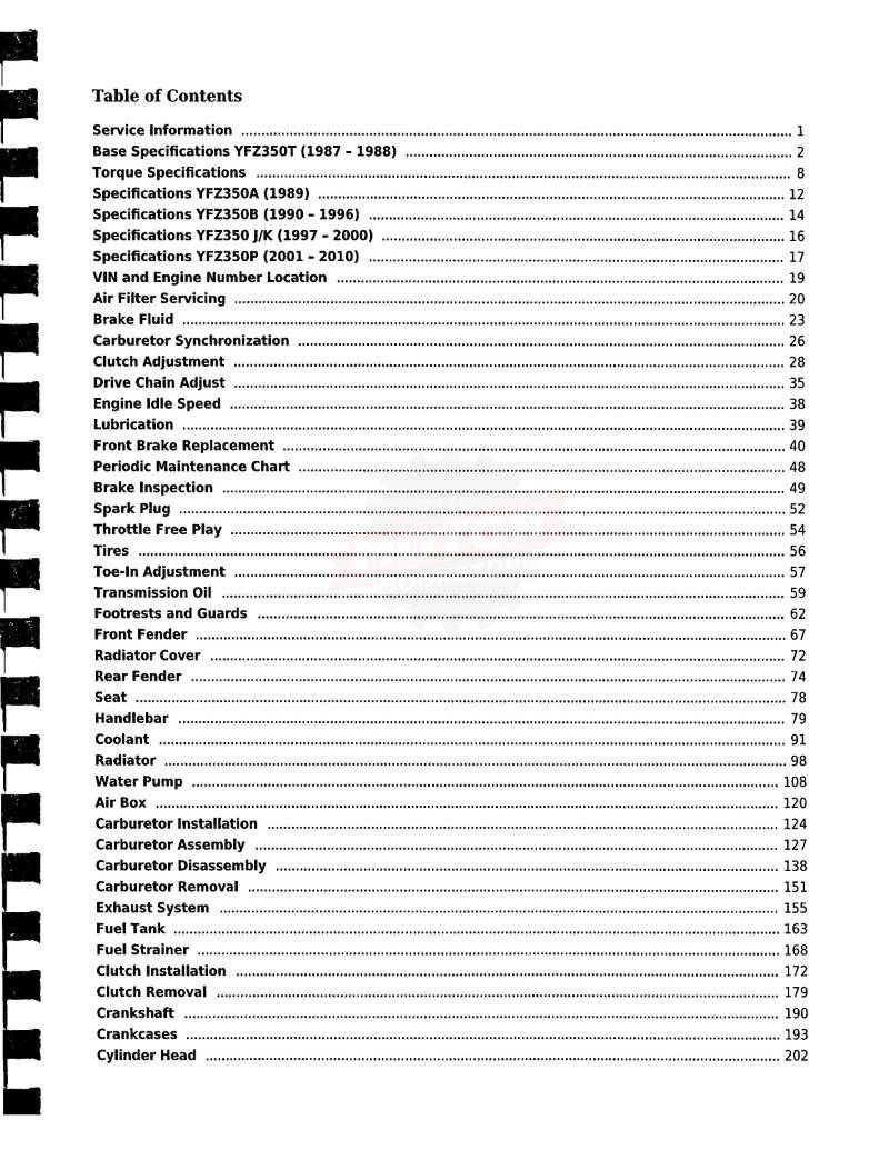 Yamaha YZF350 Banshee ATV Service Manual: 1987-2010 - Table of Contents 1