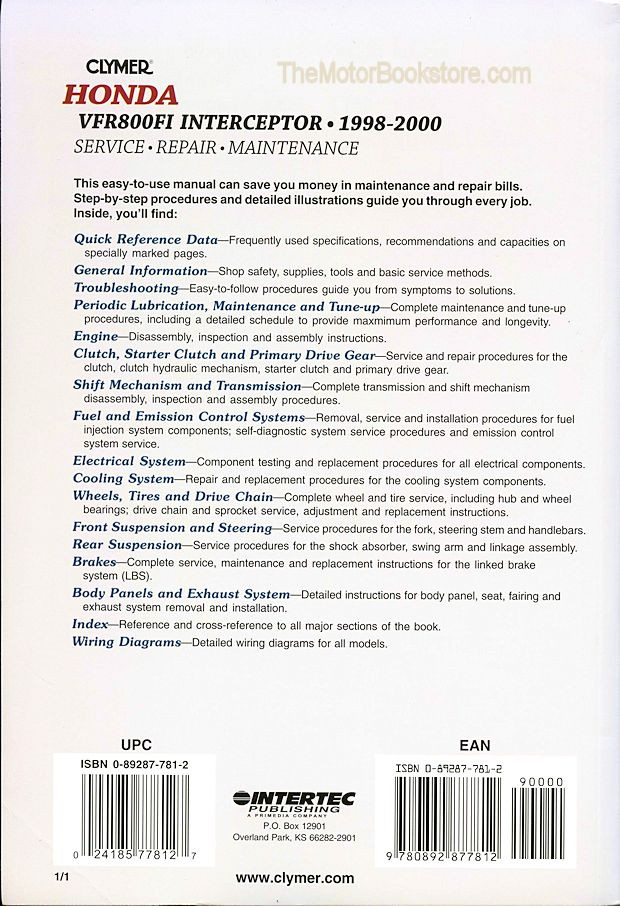 Honda VFR800, VFR800FI Interceptor Repair Manual 1998-2000