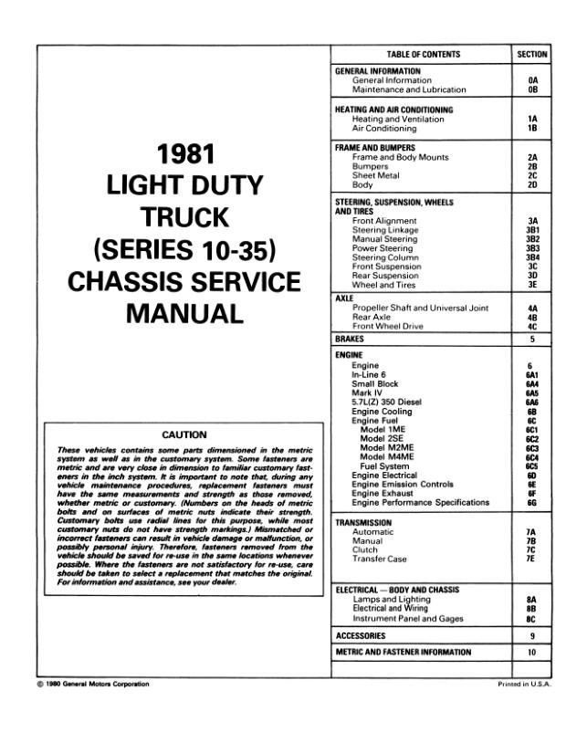 1981 Chevrolet Light Duty Truck Service Manual OEM
