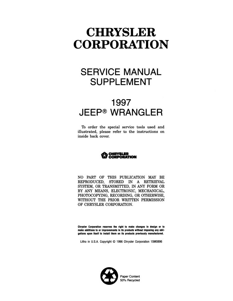 1997 Jeep Wrangler Engineering Changes Shop Manual Supplement OEM