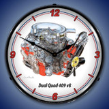 Dual Quad 409 cid V8 Engine Wall Clock, LED Lighted