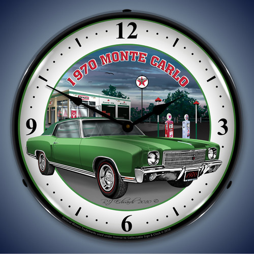 1970 Chevy Monte Carlo Green Wall Clock, LED Lighted, Texaco