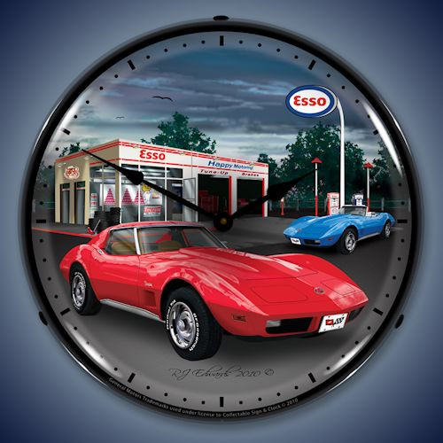 1974 Red Corvette Esso Gas Station LED Lighted Clock