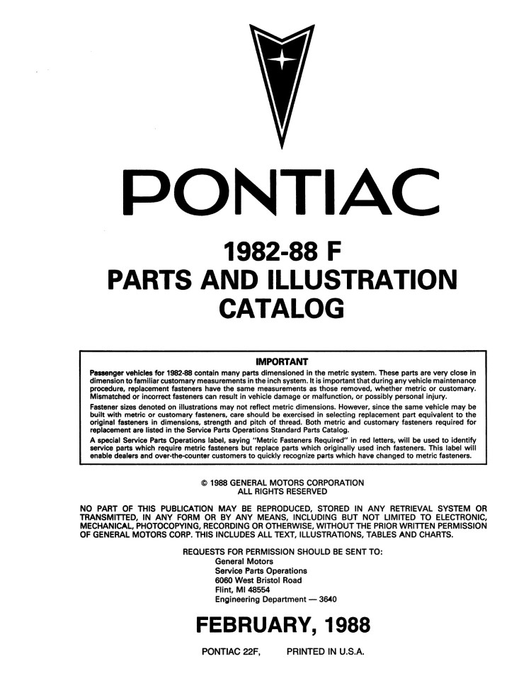 1982 - 1988 Pontiac Firebird Parts & Illustrations Catalog