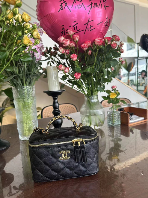 Black C leather makeup bag 