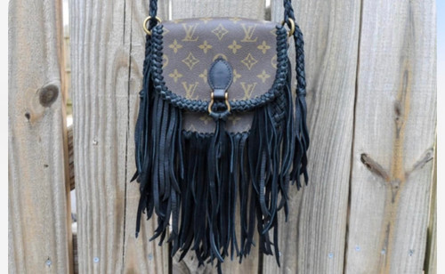 Brown mono with black fringe crossbody 