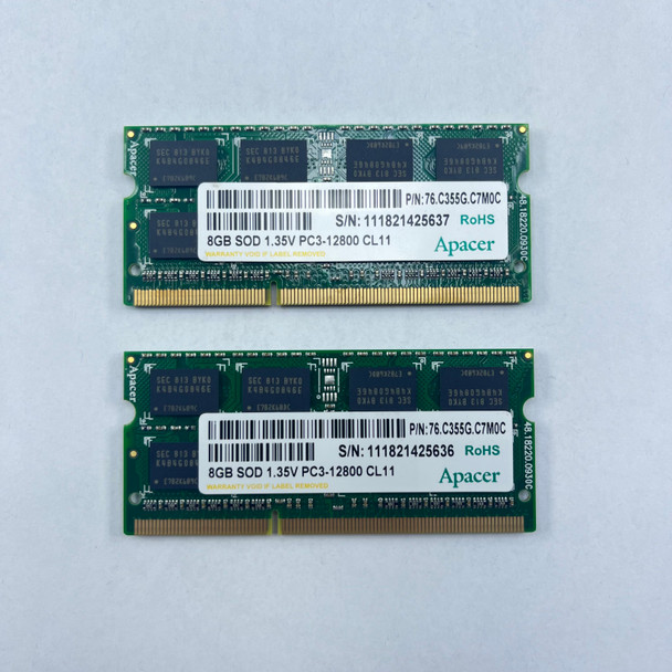 Lot of 2x Apacer 8GB SOD 1.35V PC3-12800 CL11 SO-DIMM DDR3 RAM