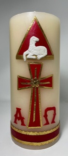 CIRIO DE CERA 4''X8'' DECORADO EN BAJO RELIEVE EN ROJO, BLANCO Y DORADO