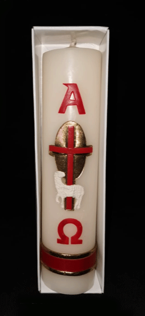 CIRIO DE CERA 2''X8'' DECORADO EN BAJO RELIEVE EN ROJO, BLANCO Y DORADO. CON CAJA

