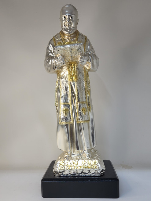 ESTATUA PADRE PIO CON LIBRO ARGENTO