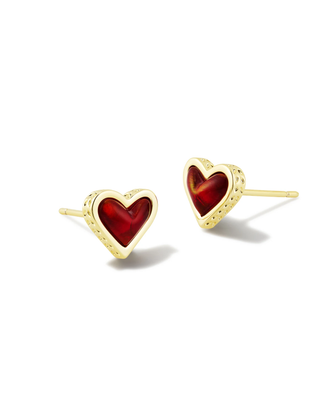 Framed Ari Heart Stud Earrings in Red Opalescent Resin- Gold Tone