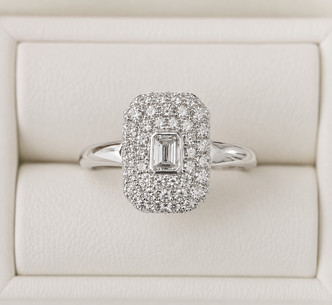 1.00cttw Emerald Cut Pave Diamond Ring- 14KW