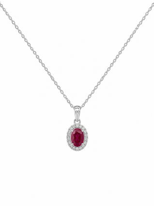 Ruby Pendant with Diamond Halo Necklace