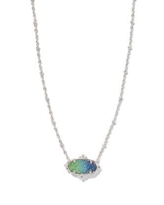 Elisa Petal Framed Pendant Necklace in Aqua Ombre Drusy- Rhodium Tone